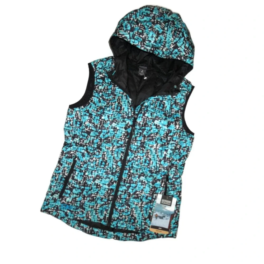 OUTDOOR RESEARCH Women's Aria Print Vest Down Alpine Lake Hooded Black Small‎ S